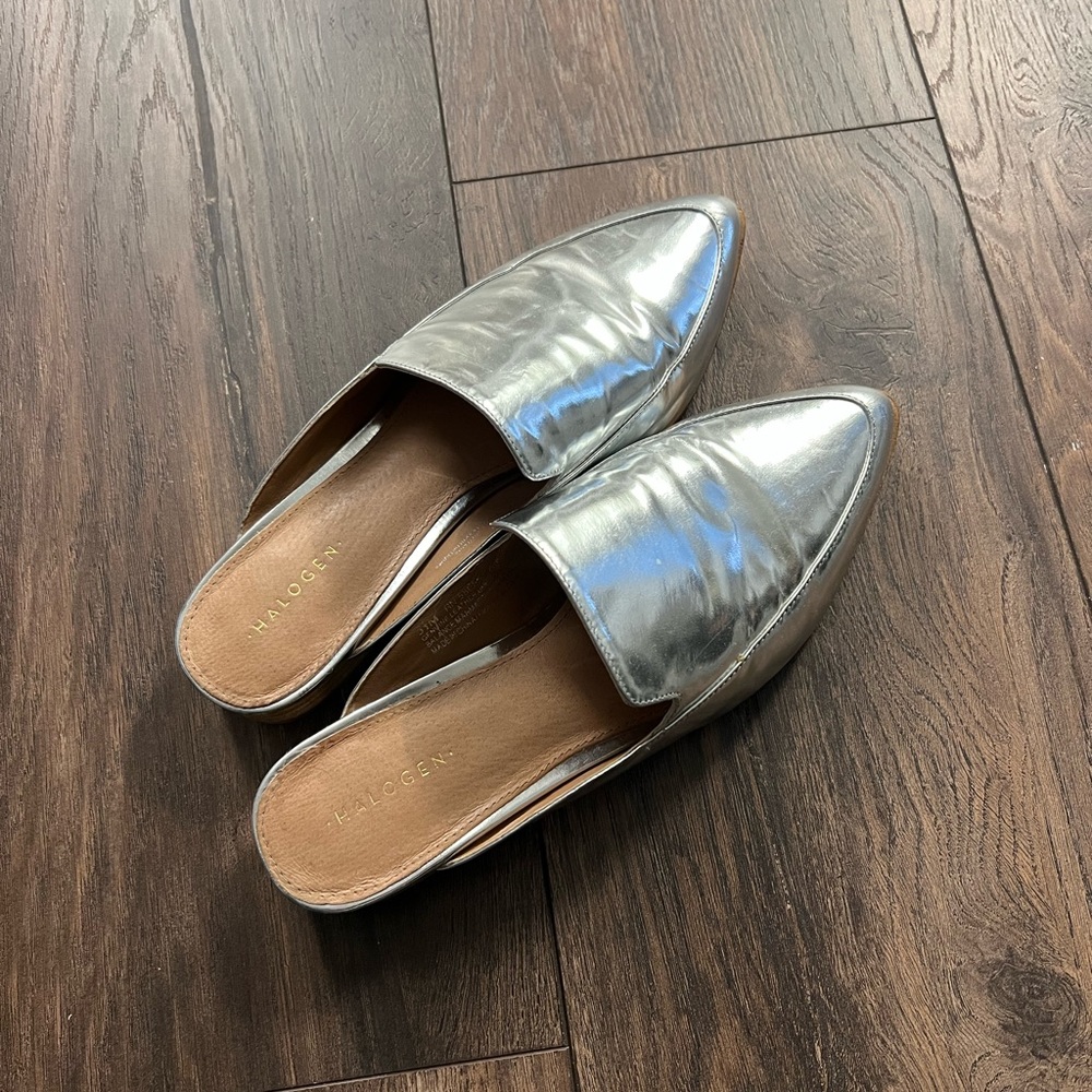 Halogen Silver Pointed Toe Mules, 6
